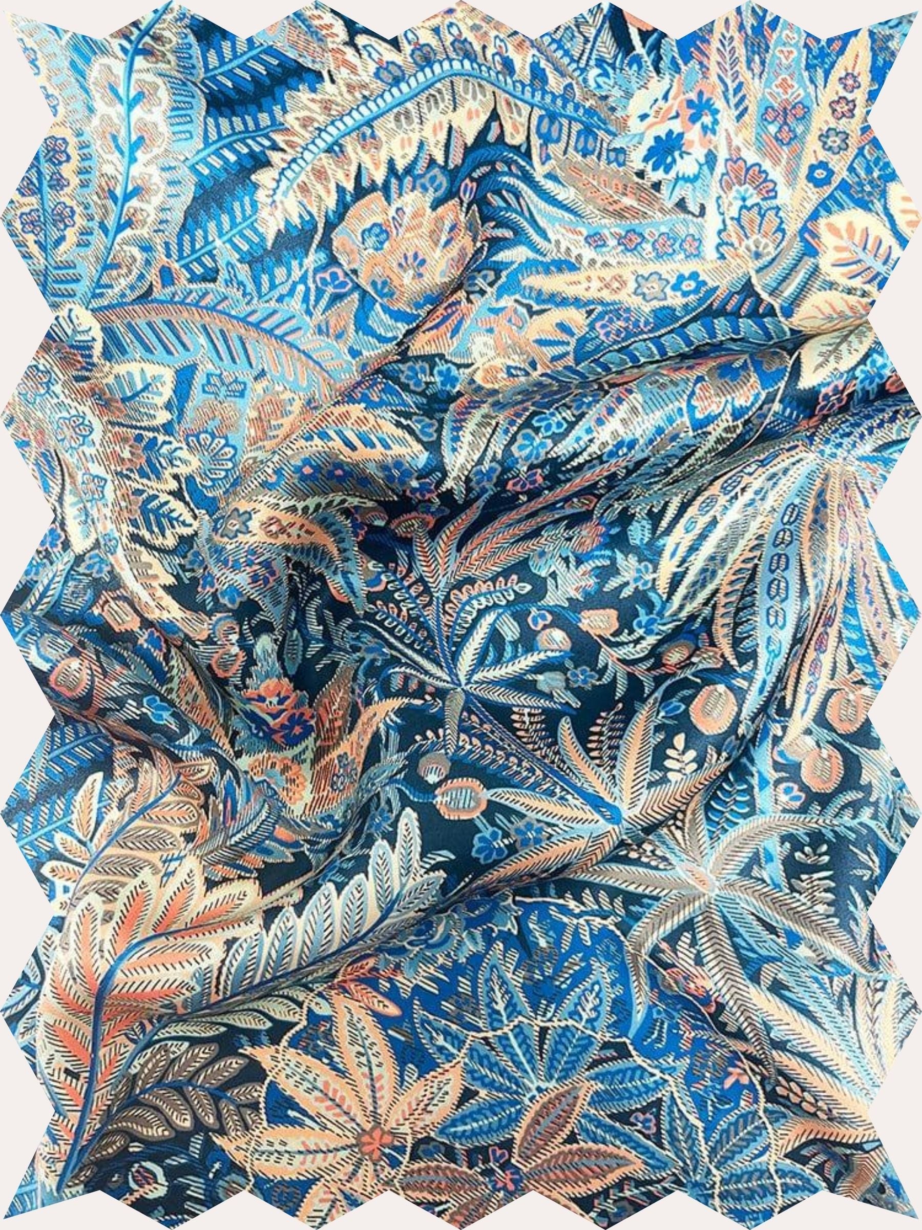 The Adelphi Voyage print is inspired by the combination of two hand-painted shawl designs originally created for Liberty in the 19th century, Adelphi Voyage forms a spectacular hand-drawn paisley rainforest of tropical palms, feathery leaves and fern fronds.