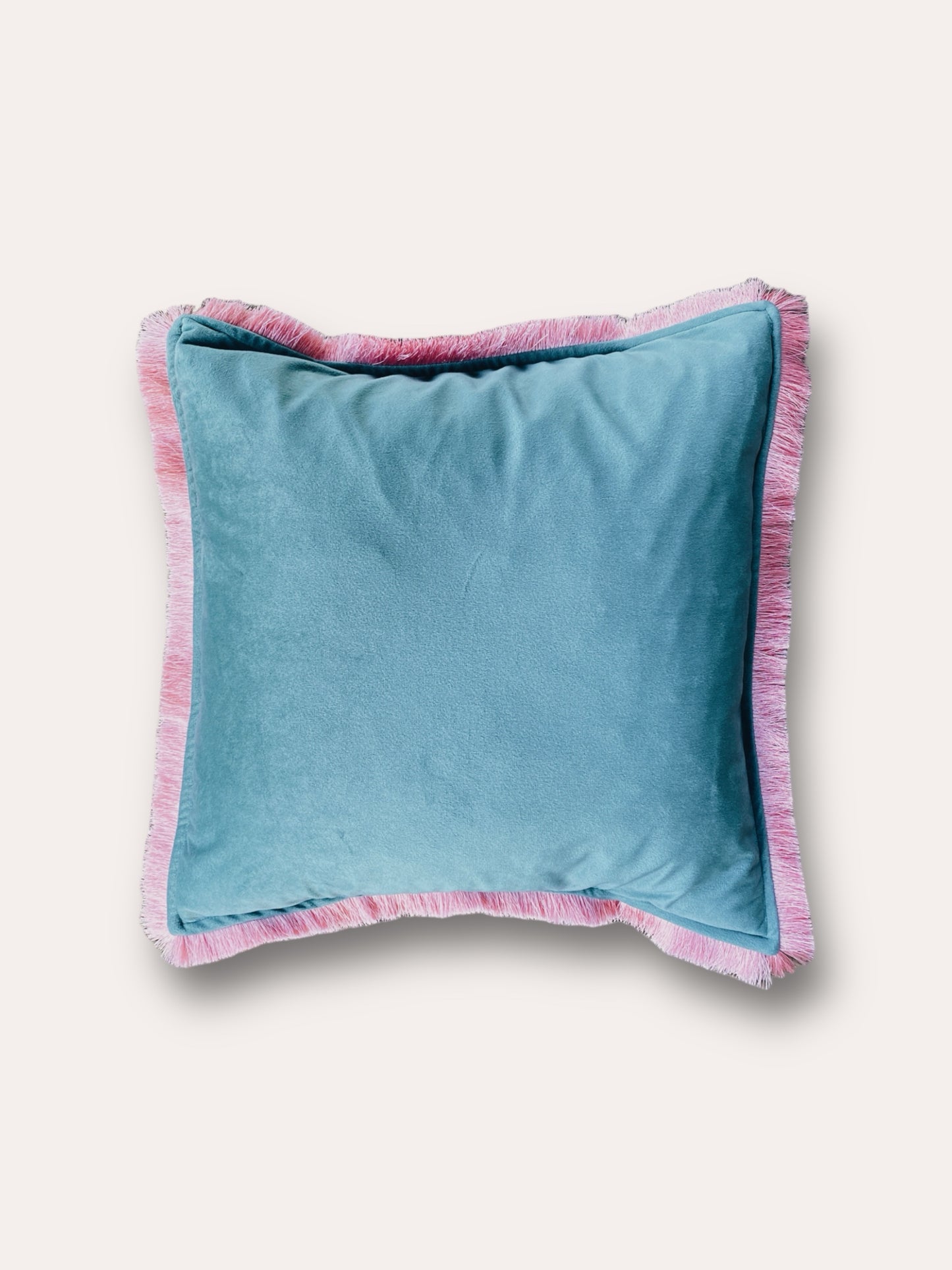 Duck Egg Blue Velvet Cushion With Dusty Pink Fringe Edge