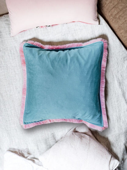 Duck Egg Blue Velvet Cushion With Dusty Pink Fringe Edge