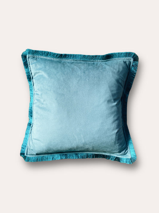 Duck Egg Blue Velvet Cushion With Teal Green Fringe Edge