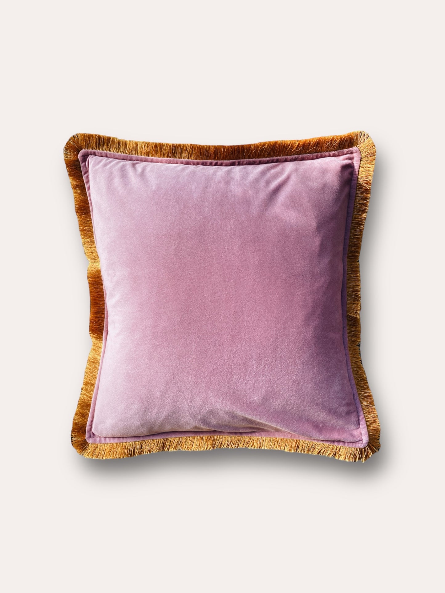 English Rose Pink Velvet Cushion With Gold Fringe Edge