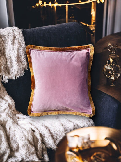 English Rose Pink Velvet Cushion With Gold Fringe Edge