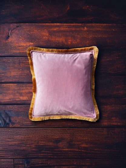 English Rose Pink Velvet Cushion With Gold Fringe Edge