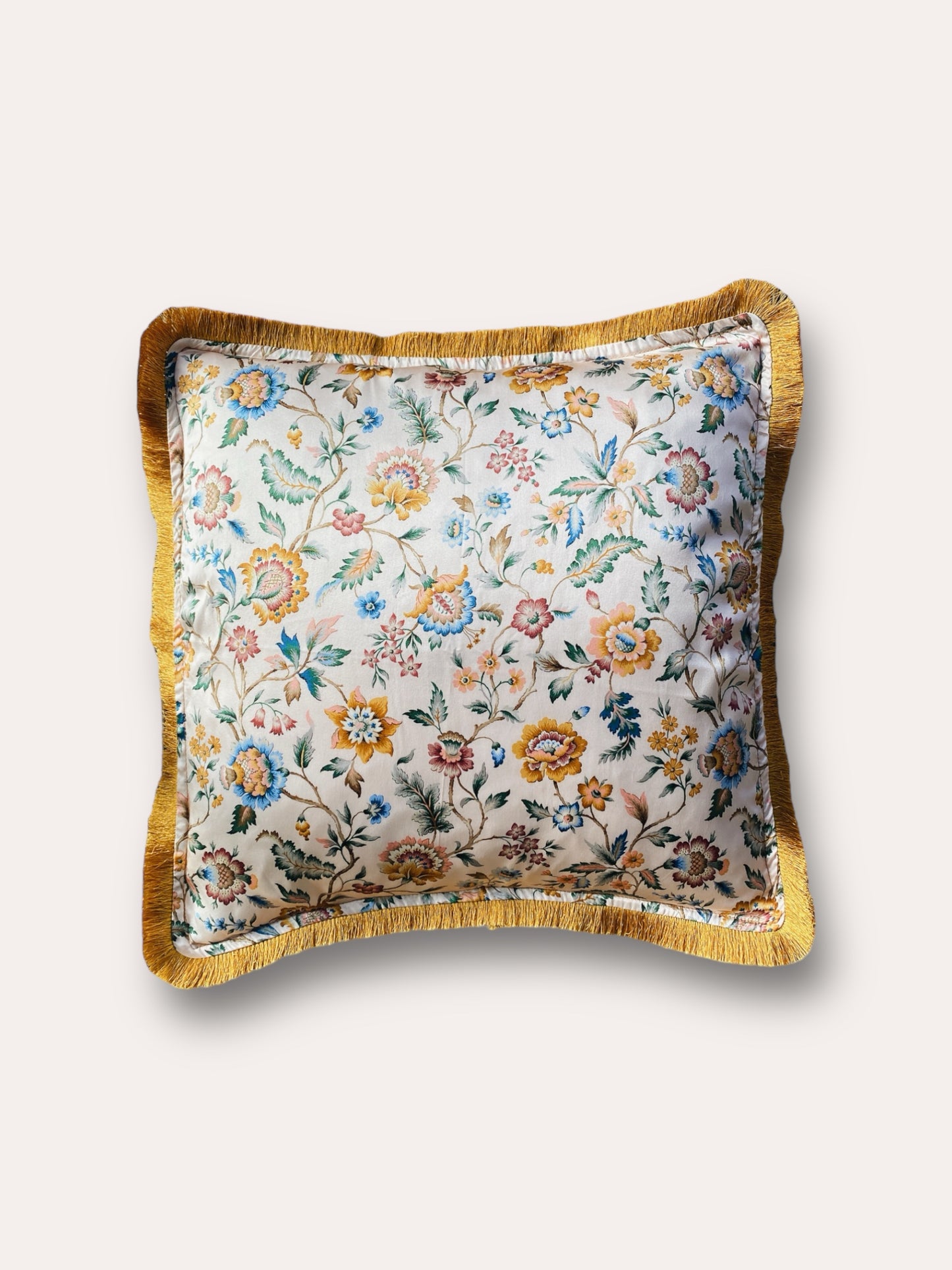 Liberty Fabric Eva Belle Silk Cushion With Gold Fringe Edge