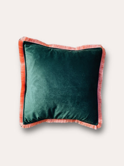 Forest Green Velvet Cushion With Coral Orange Fringe Edge