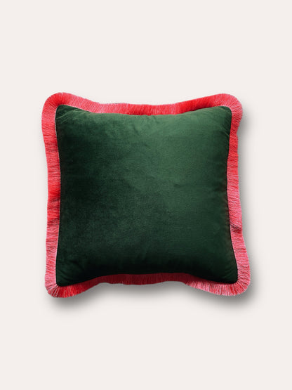 Forest Green Velvet Cushion With Coral Pink Fringe Edge