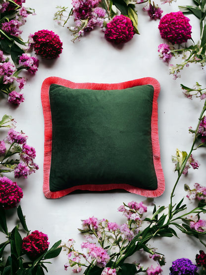 Forest Green Velvet Cushion With Coral Pink Fringe Edge