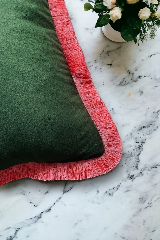 Forest Green Velvet Cushion With Coral Pink Fringe Edge