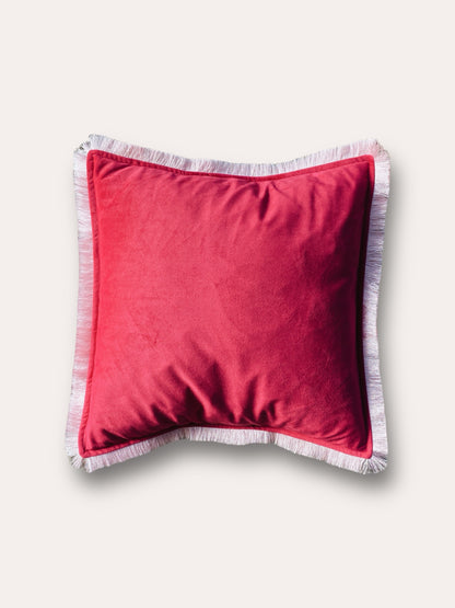 Hot Pink Velvet Cushion With Powder Pink Fringe Edge