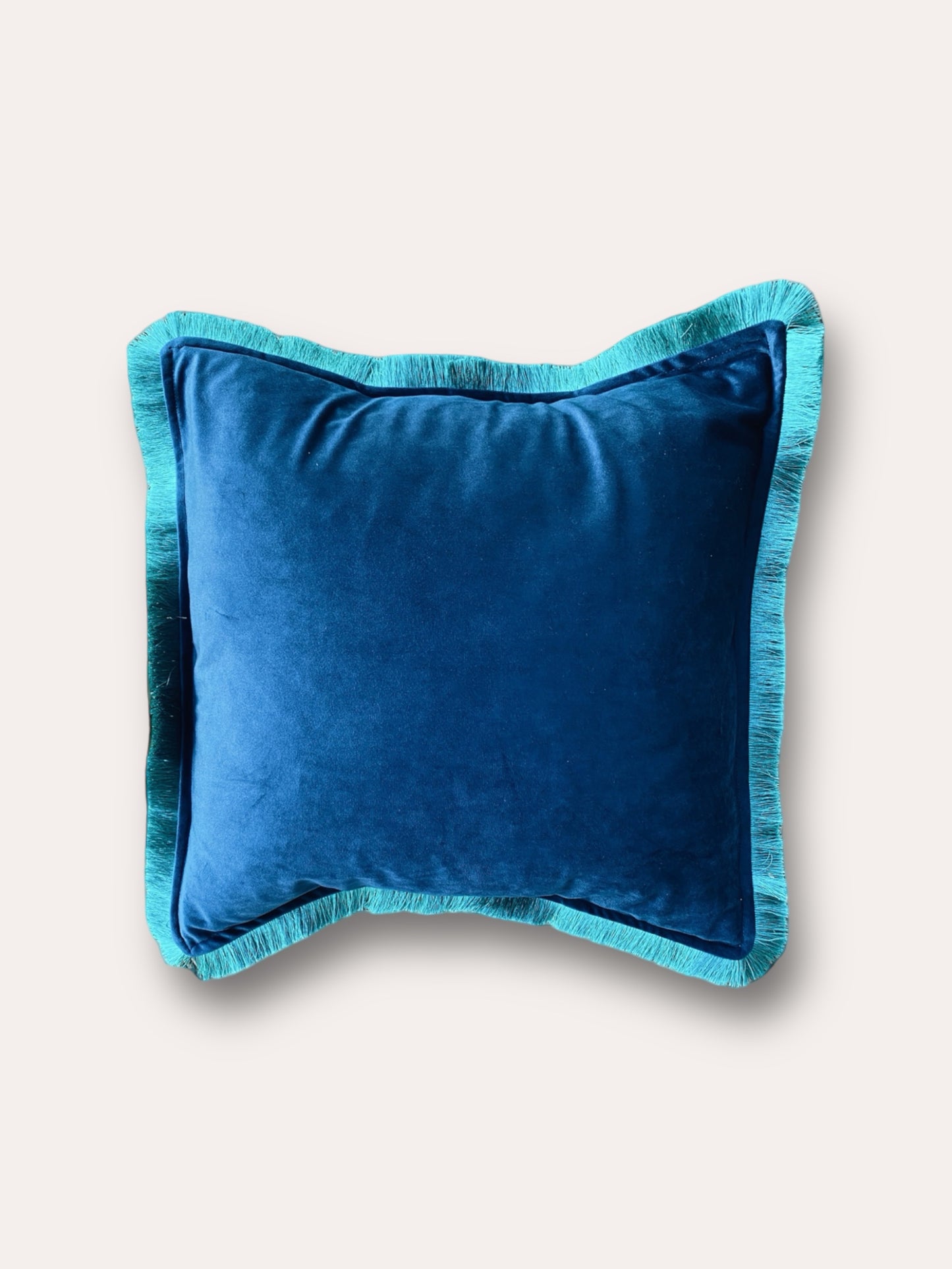 Midnight Blue Velvet Cushion With Pine Green Fringe Edge