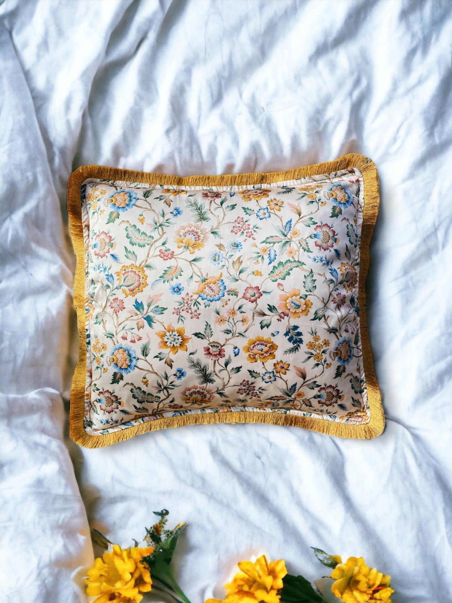 Liberty Fabric Eva Belle Silk Cushion With Gold Fringe Edge