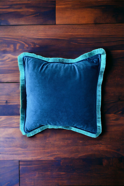 Midnight Blue Velvet Cushion With Pine Green Fringe Edge