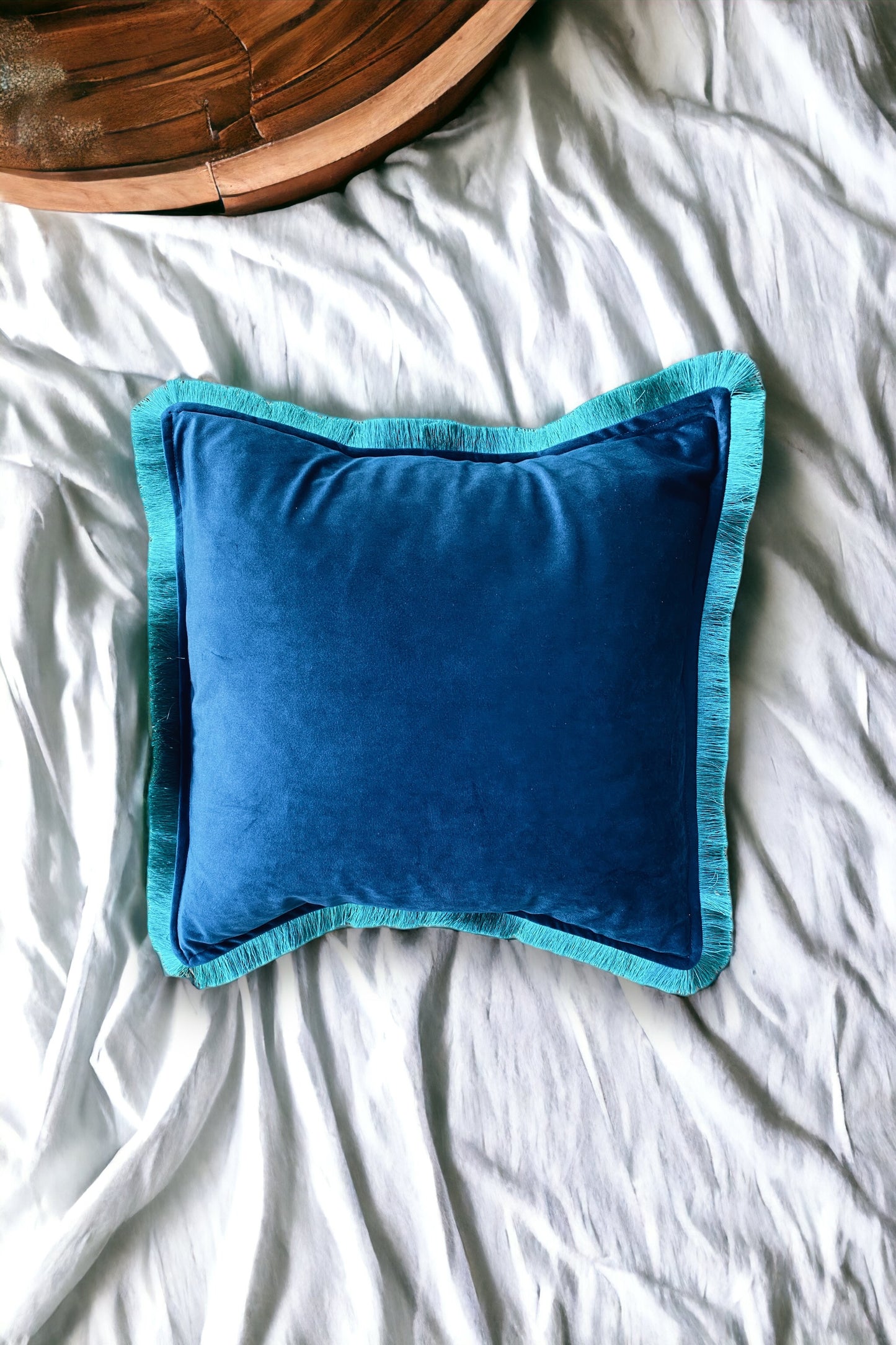 Midnight Blue Velvet Cushion With Pine Green Fringe Edge