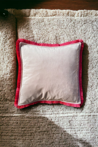 Powder Pink Velvet Cushion With Fuchsia Pink Fringe Edge