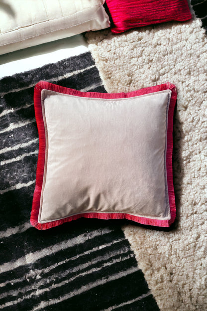 Powder Pink Velvet Cushion With Fuchsia Pink Fringe Edge