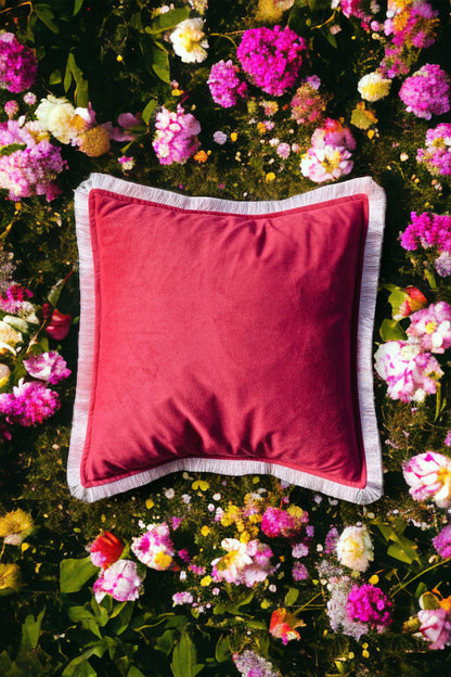 Hot Pink Velvet Cushion With Powder Pink Fringe Edge