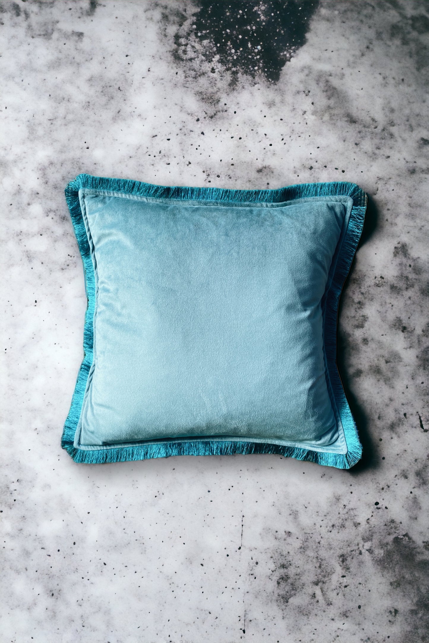 Duck Egg Blue Velvet Cushion With Teal Green Fringe Edge