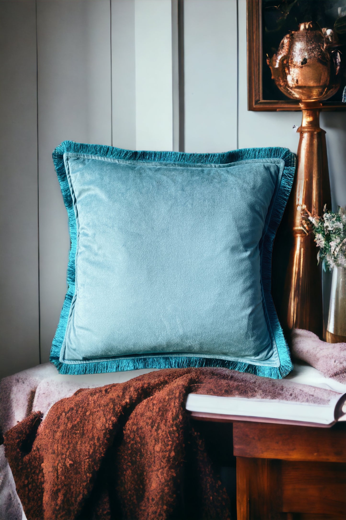 Duck Egg Blue Velvet Cushion With Teal Green Fringe Edge