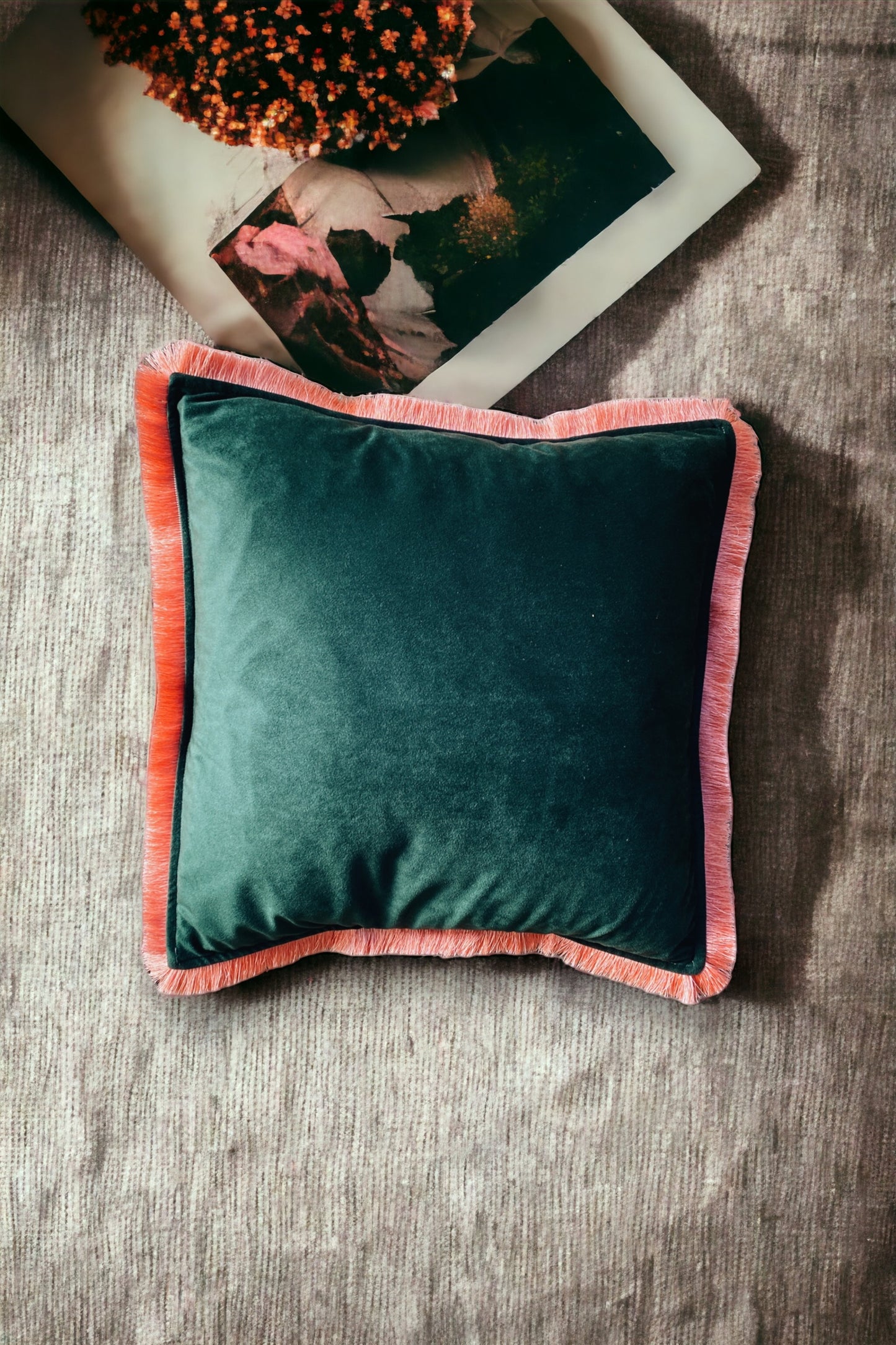 Forest Green Velvet Cushion With Coral Orange Fringe Edge