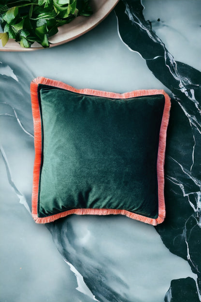 Forest Green Velvet Cushion With Coral Orange Fringe Edge