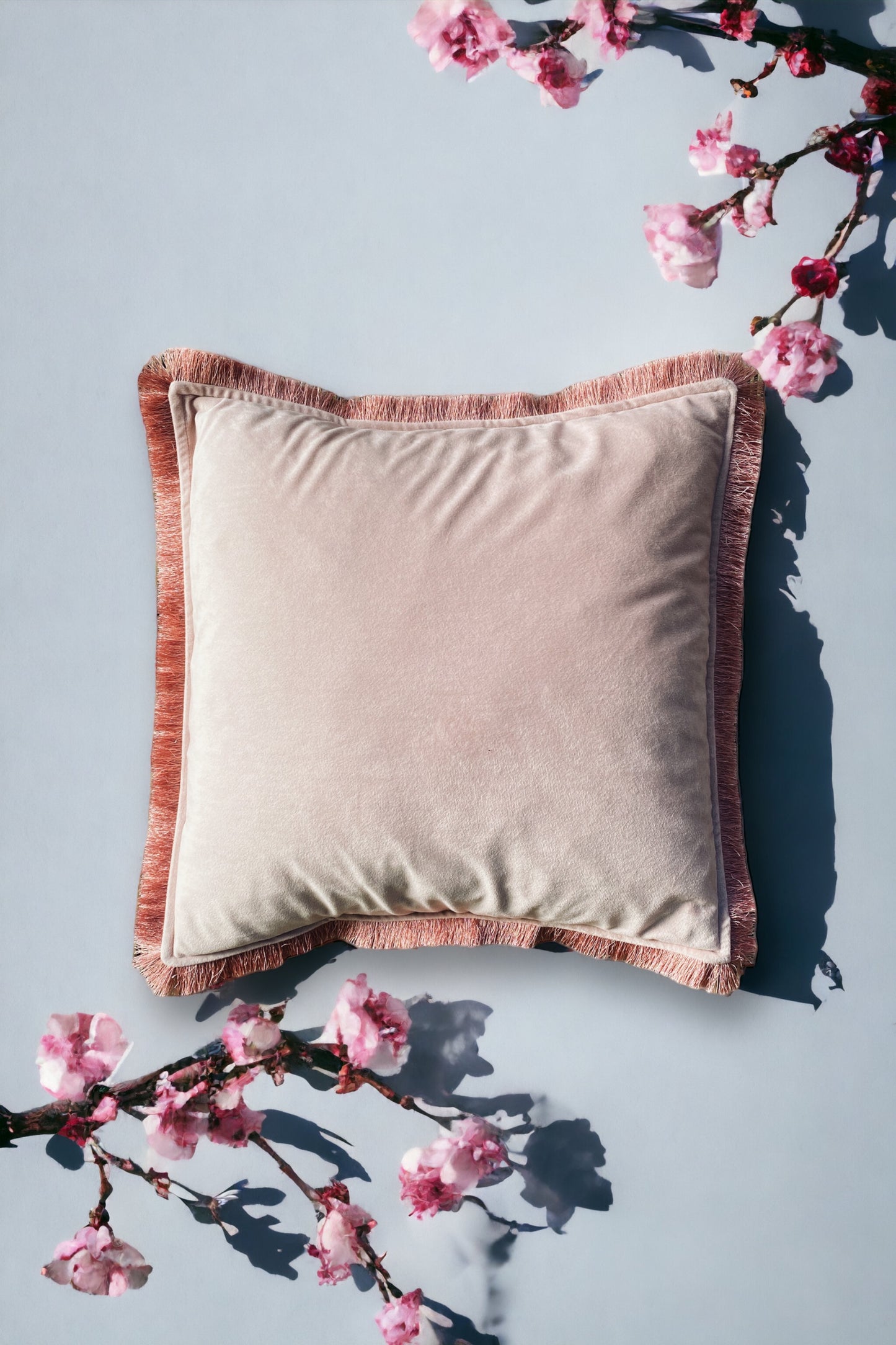 Powder Pink Velvet Cushion With Mauve Pink Fringe Edge