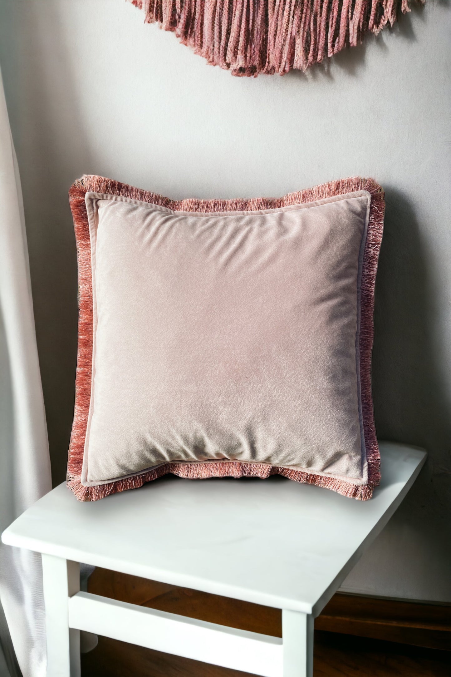 Powder Pink Velvet Cushion With Mauve Pink Fringe Edge