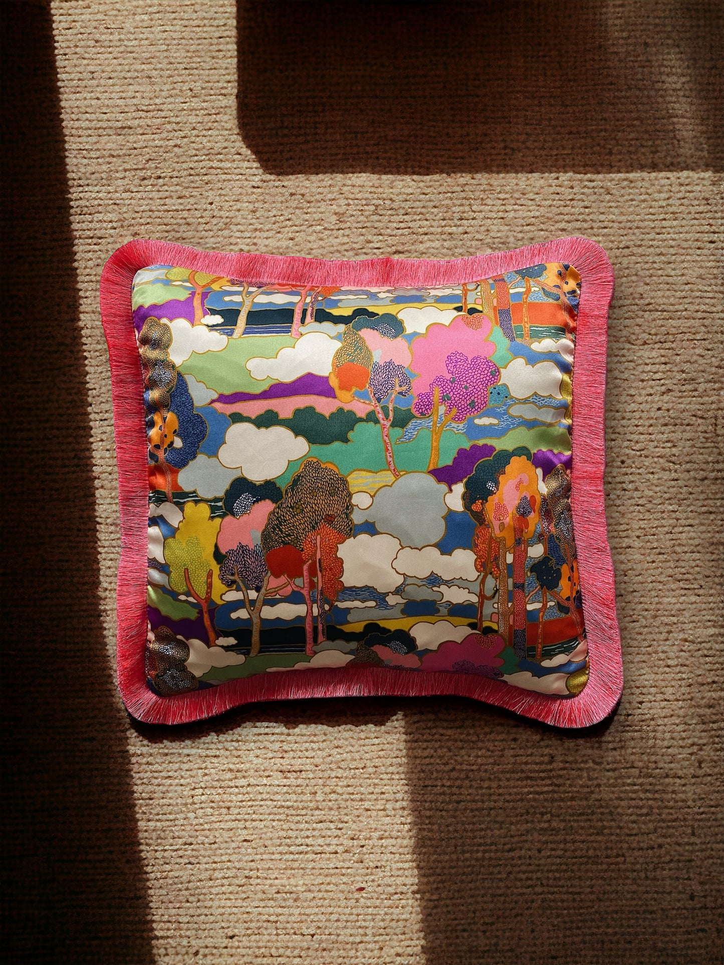 Liberty Fabric Prospect Road Silk Cushion With Hot Pink Fringe Edge