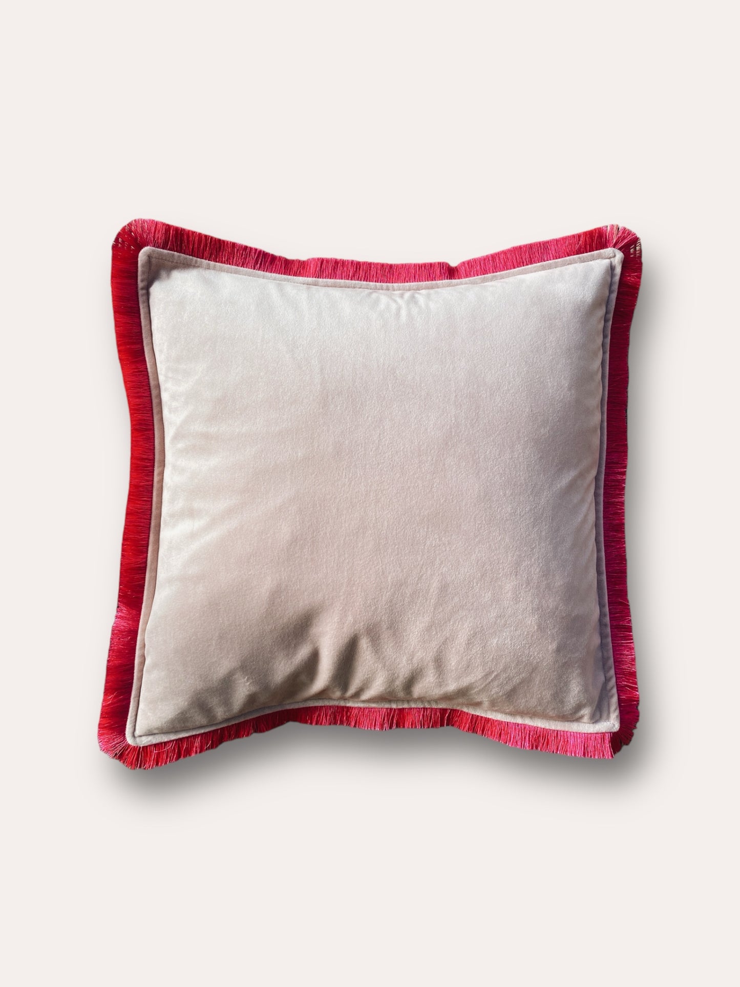 Powder Pink Velvet Cushion With Fuchsia Pink Fringe Edge