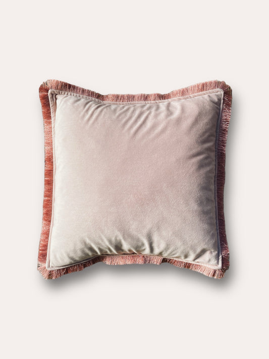 Powder Pink Velvet Cushion With Mauve Pink Fringe Edge